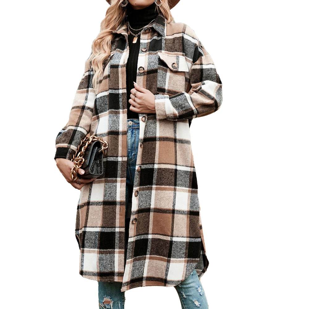 Women Long Flannel Plaid Shirts Side Split Long Sleeve Lapel Button Down Jacket for Women Girls Khaki L