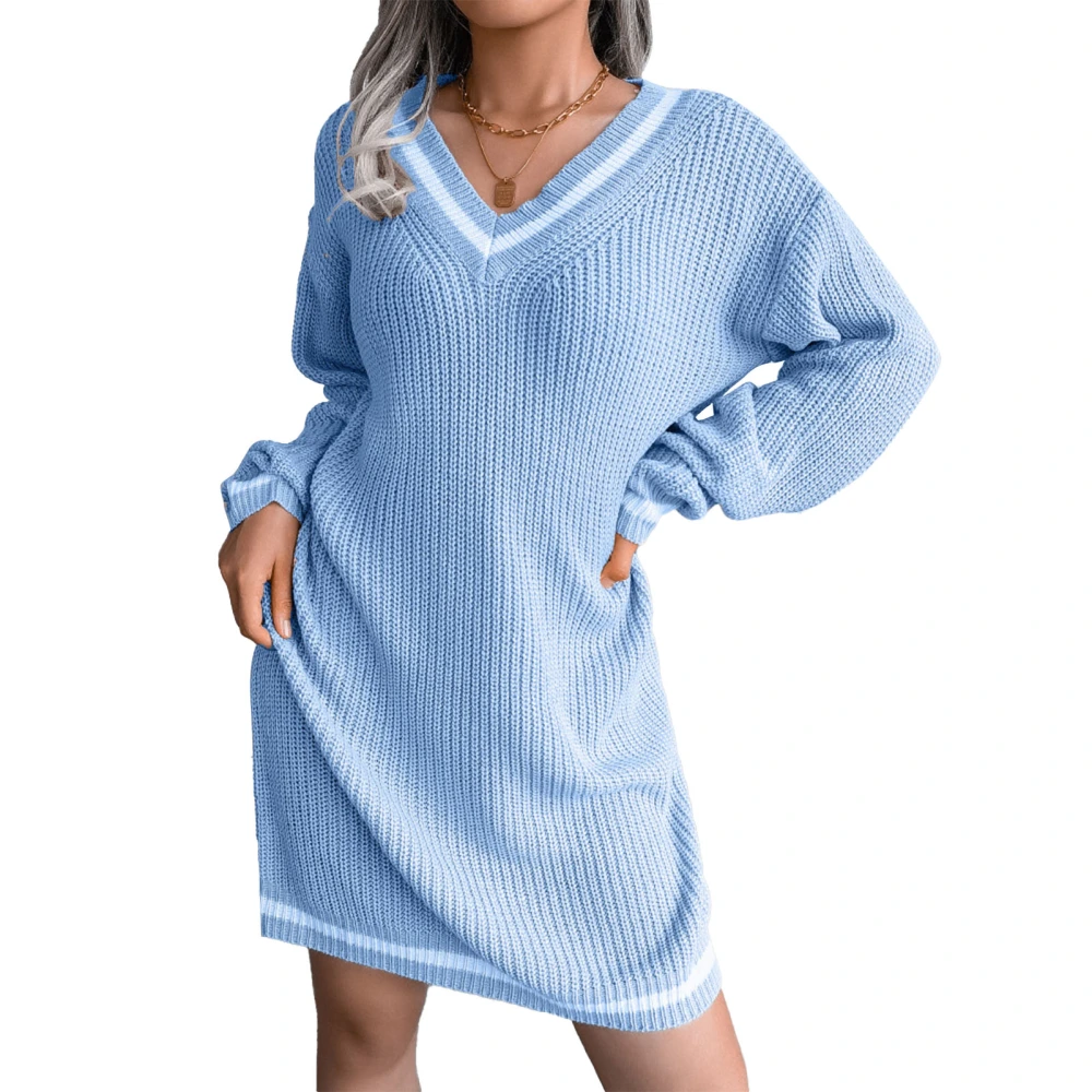 Dress V Neck Long Sleeves Knit Loose Comfortable Campus Style Casual Women Dress Blue L