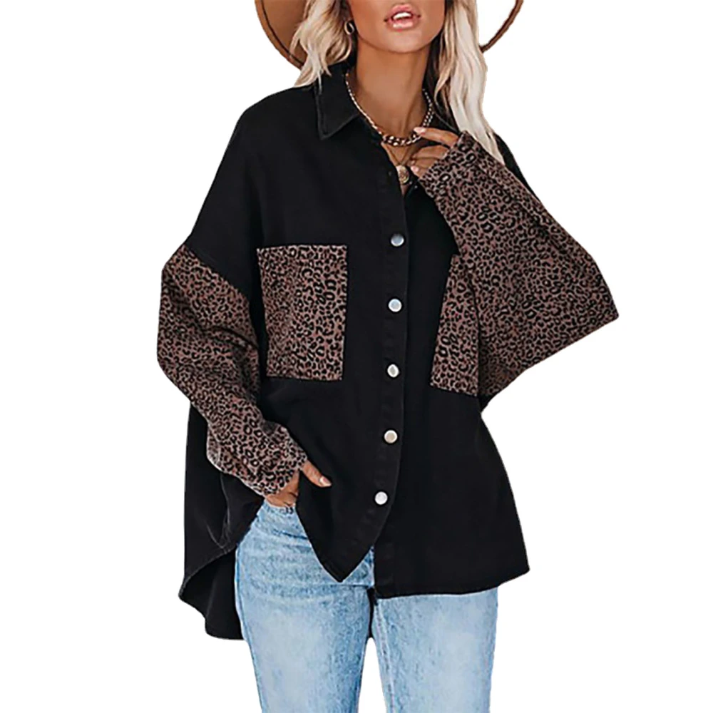 Autumn Top Polyester Soft Long Sleeve Leopard Print Pockets Lapel Loose Button Up Top for Women Black XL