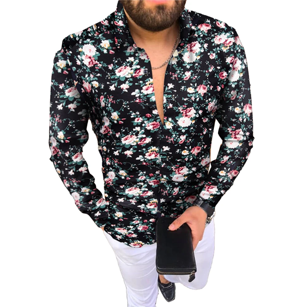 Men Top Turn Down Collar Single Breasted Printed Long Sleeve Fashionable Slim Fit Top Floral XL