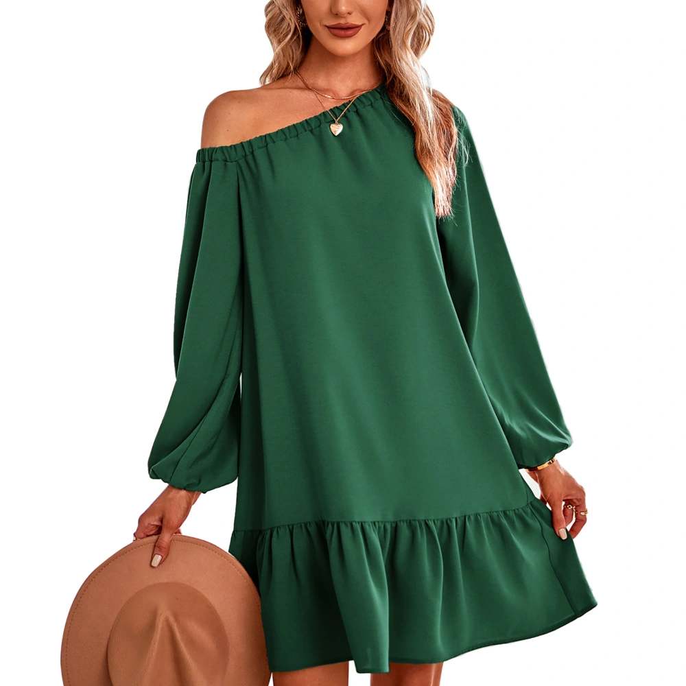 Winter Long Sleeve Off Shoulder Dress Pure Color Splicing Lace Hem Women Casual Dress for Autumn Dark Green S