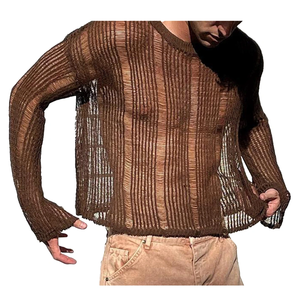 Men Long Sleeve T Shirt Pure Color Stylish Charming Weaving Mesh Hollow Fashionable Male Shirt for Party Dark Brown L