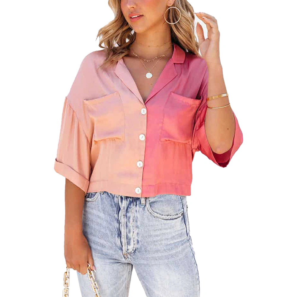 Women Shirt Button Down Half Sleeve V Neck Contrast Colour Blouse for Home Office Coral Red M