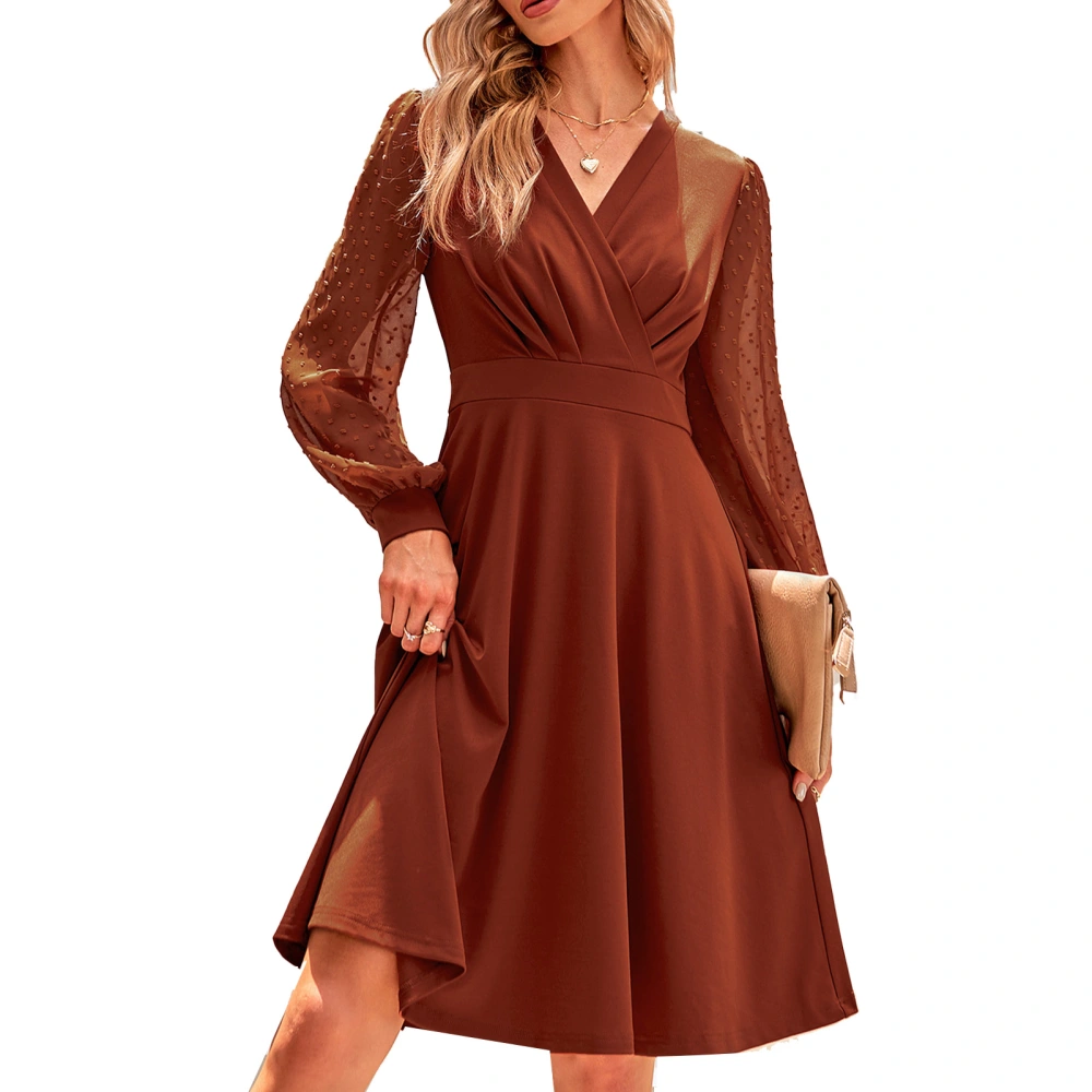 Women Jacquard Long Sleeve Dress High Waist Cross V Neck A Line Dress for Daily and Formal Wear Caramel Color M