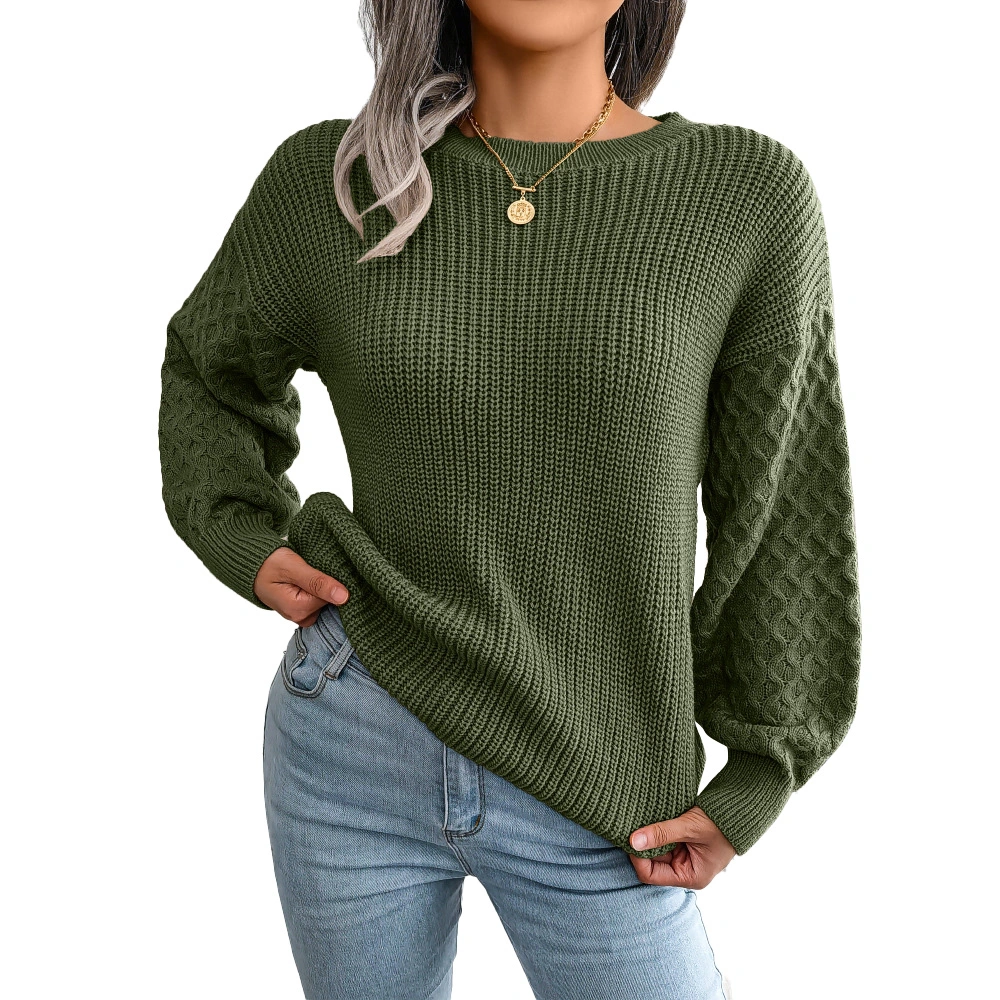 Women Knit Sweater Lantern Sleeve Round Neck Soft Breathable Loose Fit Lady Casual Top for Autumn Winter OD Green S