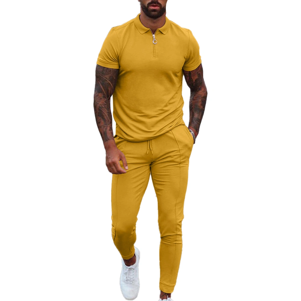 Men Leisure Suit Turn Down Collar Zipper Waistband Pure Color Short Sleeves Long Pants Sweat Suit Tracksuit Yellow S