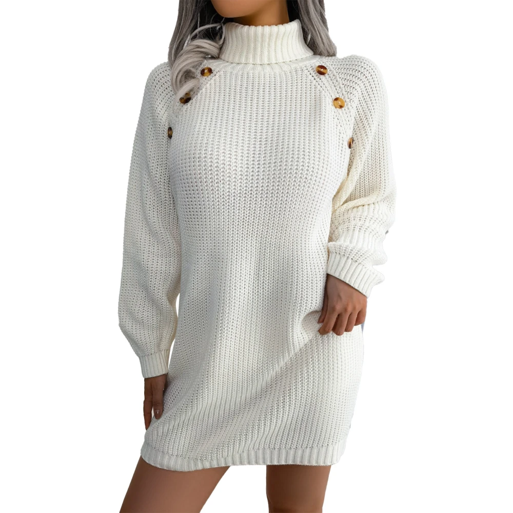 Autumn Winter Women Turtleneck Long Sleeve Knit Pullover Sweater Bodycon Mini Dress for Dating Work Everyday White L