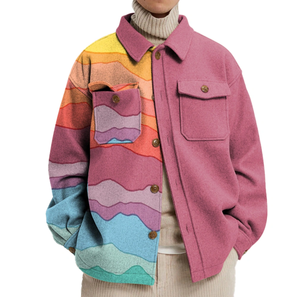 Men Jacket Turn Down Collar Color Block Long Sleeve Printed Single Row Button Coat with 2 Pockets for Autumn Pink XXL