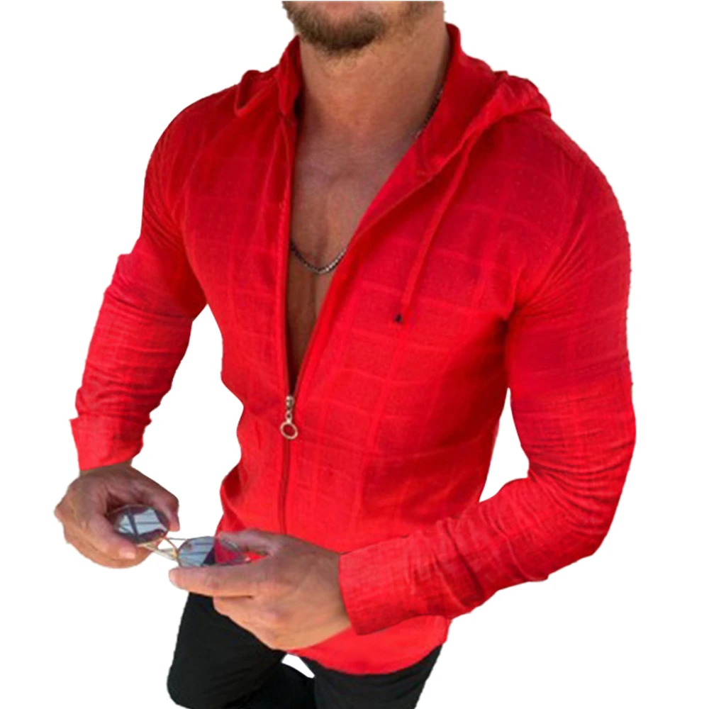 T Shirt Hooded Drawstring Plaid Dot Pattern Slim Long Sleeve Fasionable Tops for Men Red XL