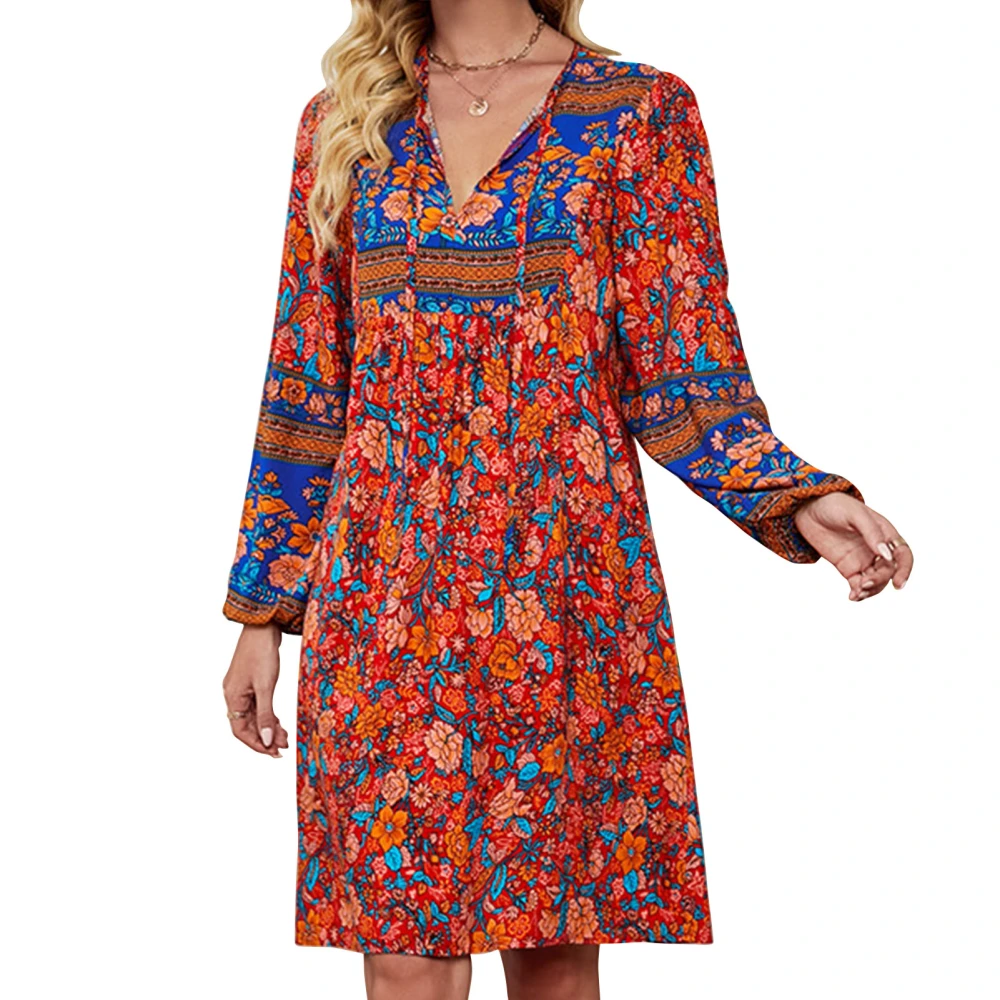 V Neck Dress Rayon Soft Long Lantern Sleeve Floral Print Casual Loose Dress for Women Red L