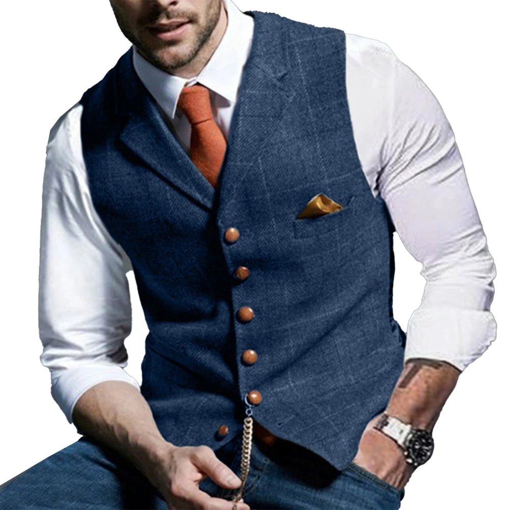 Vest Single Breasted V Neck Plaid Pattern Slim Fashionable Casual Waistcoat for Men Blue XL