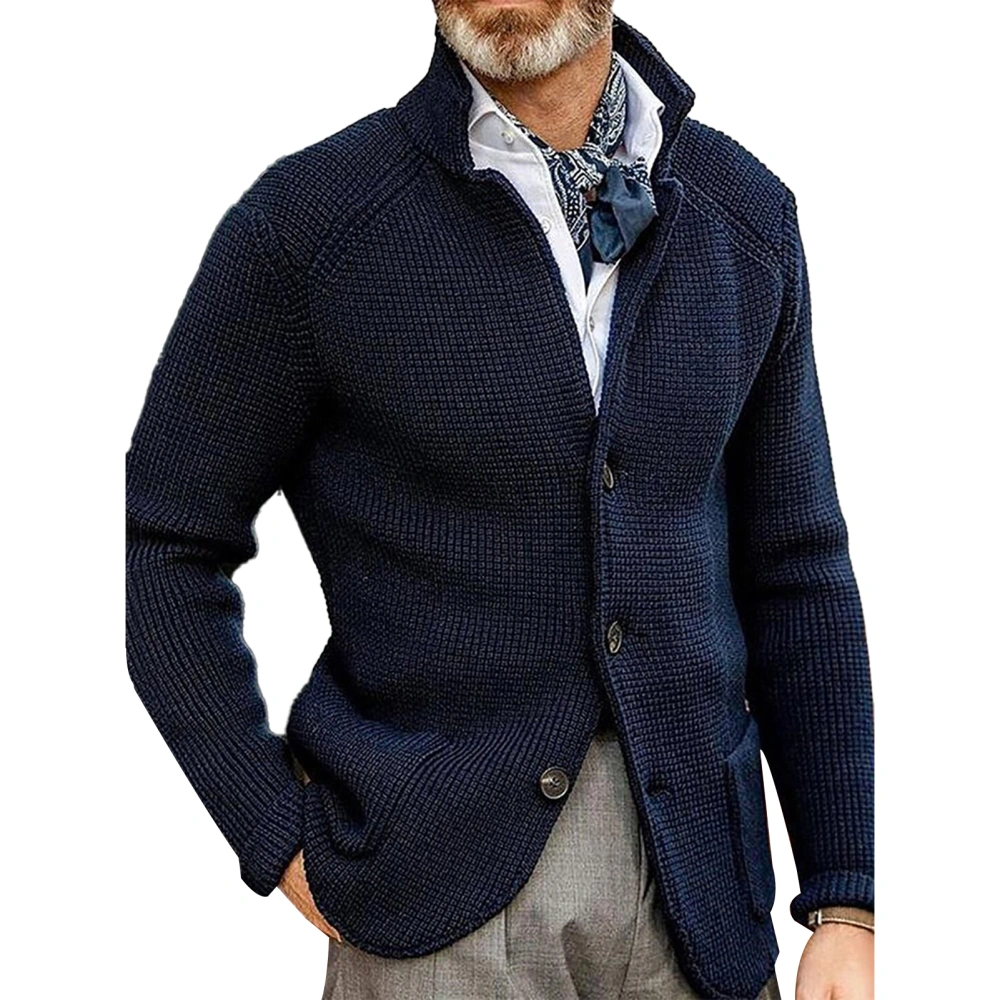 Man Jacket V Neck Casual Stand Collar Fashionable Warm Keeping Pure Color Male Jacket for Dating Party Dark Blue L