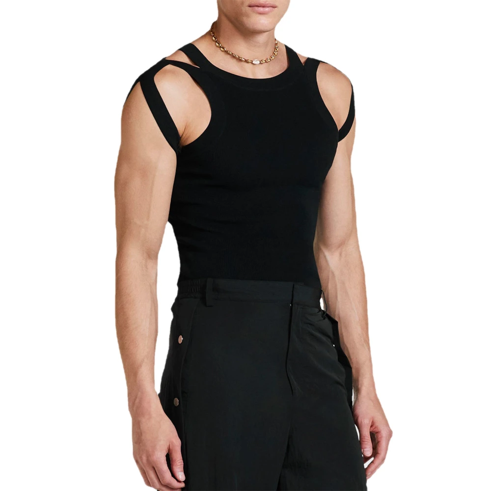 Men Elastic Tank Top Double Shoulder Strap Hollow Stretch Slim Vest Male Solid Color Sport T Shirt Black 3XL