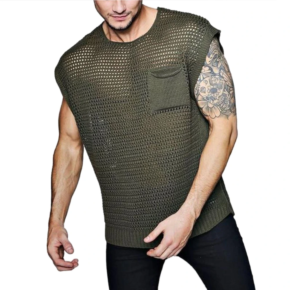 Men Tank Tops Mesh Design Pure Colour Sleeveless Vest Machine Wash for Home Dating Green L