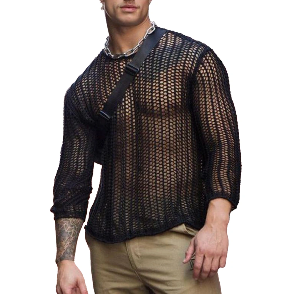 Men Hollow See Through Top Lightweight Grid Pure Color Breathable Long Sleeve Knit Undershirt for Male Black S