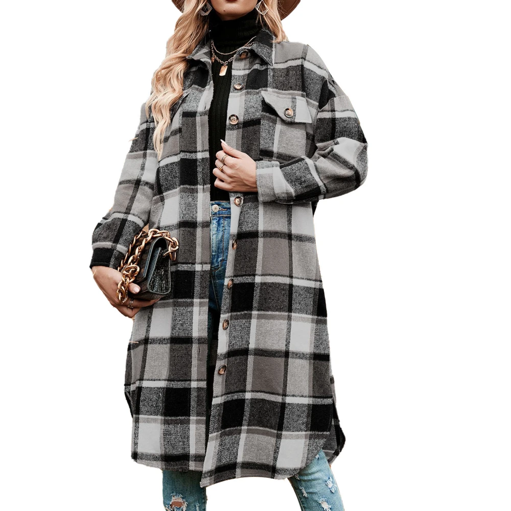 Women Long Flannel Plaid Shirts Side Split Long Sleeve Lapel Button Down Jacket for Women Girls Grey XL