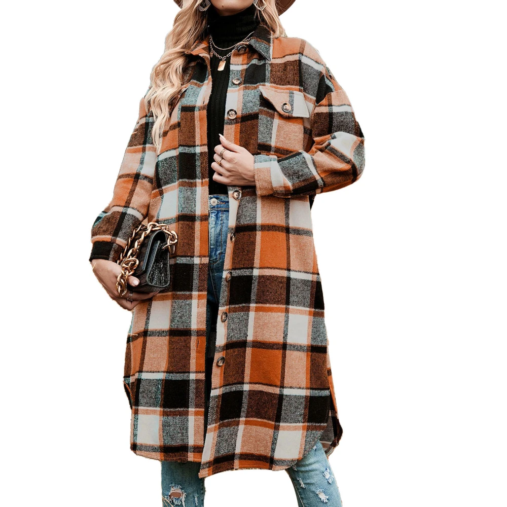 Women Long Flannel Plaid Shirts Side Split Long Sleeve Lapel Button Down Jacket for Women Girls Orange L