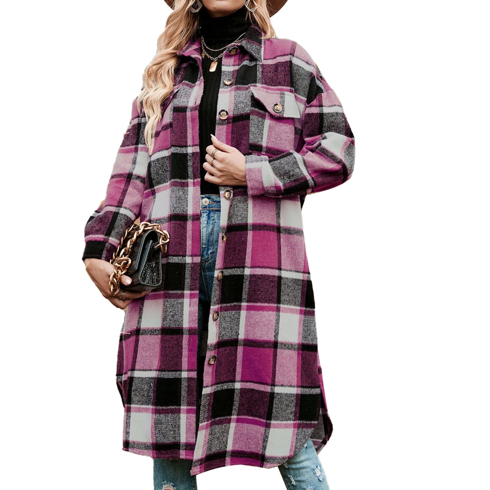 Women Long Flannel Plaid Shirts Side Split Long Sleeve Lapel Button Down Jacket for Women Girls Rose Red M