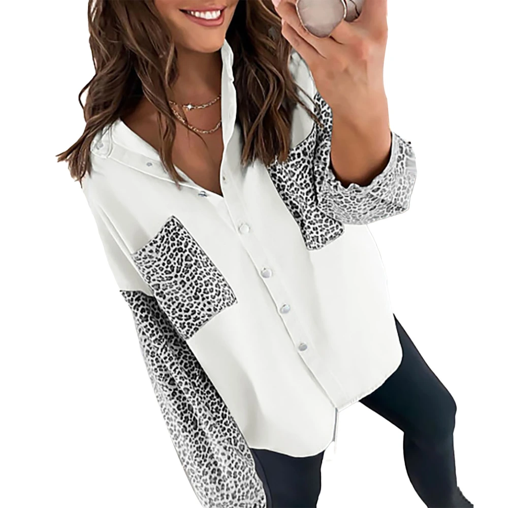 Autumn Top Polyester Soft Long Sleeve Leopard Print Pockets Lapel Loose Button Up Top for Women White XL