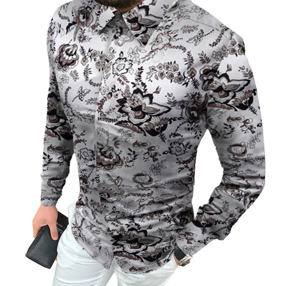 Men Top Turn Down Collar Single Breasted Printed Long Sleeve Fashionable Slim Fit Top Grey 3XL