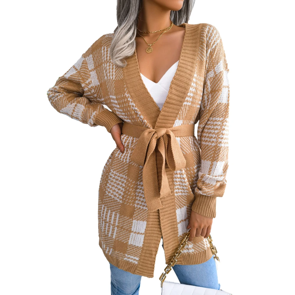 Women Plaid Casual Cardigan Long Lantern Sleeve Knitted Cardigans Sweaters Coats Open Front Sweater Jacket for Daily Life Khaki M