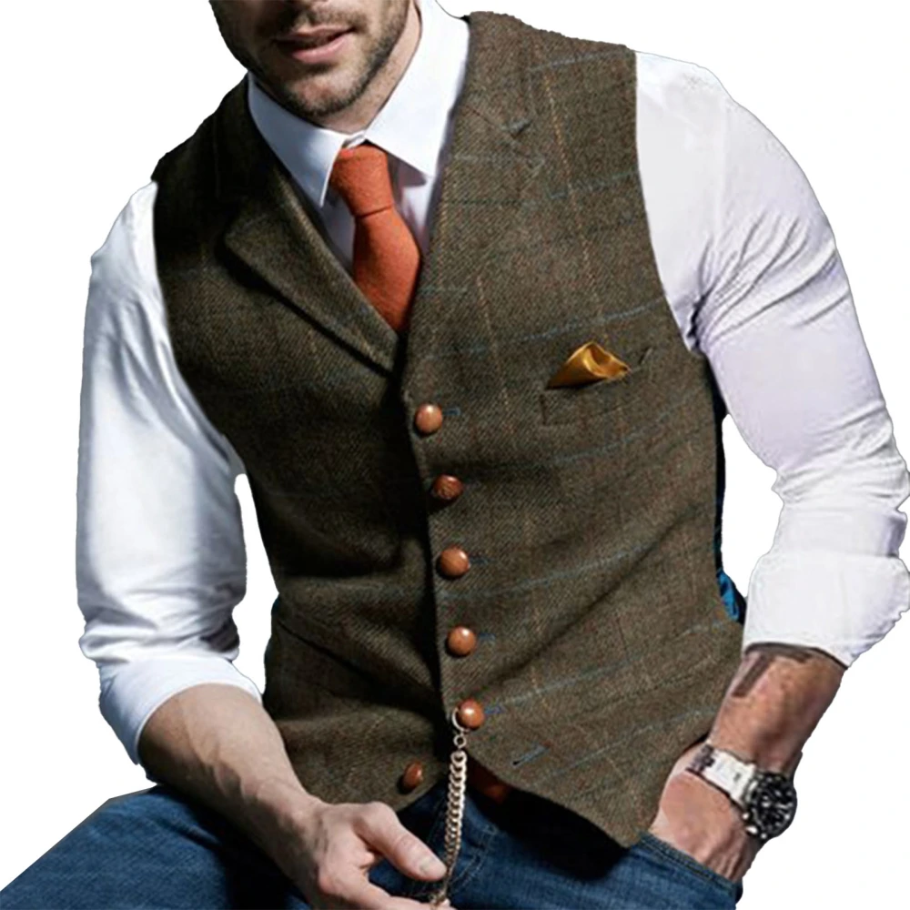 Vest Single Breasted V Neck Plaid Pattern Slim Fashionable Casual Waistcoat for Men Khaki 3XL