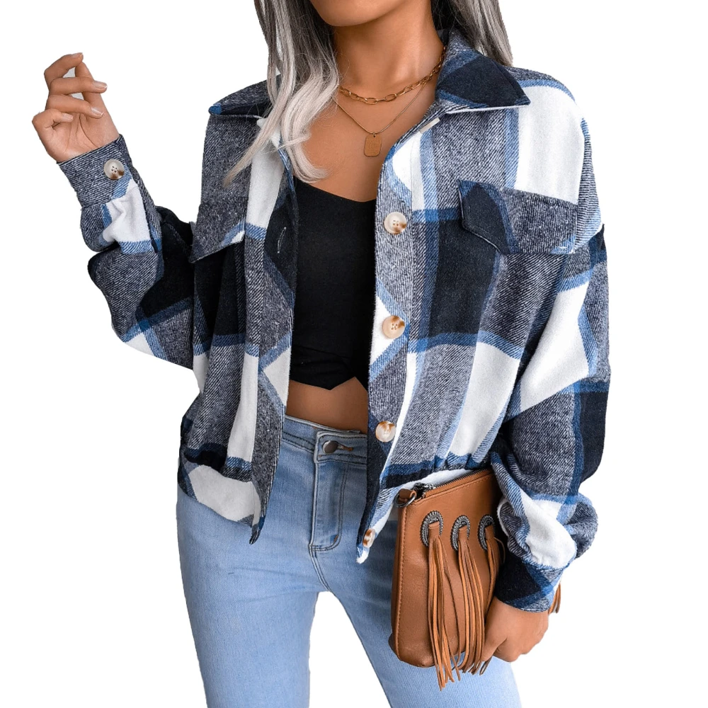 Short Jacket Coat Puff Long Sleeve Plaid Lapel Single Breasted Fashionable Coat for Women Navy Blue XL