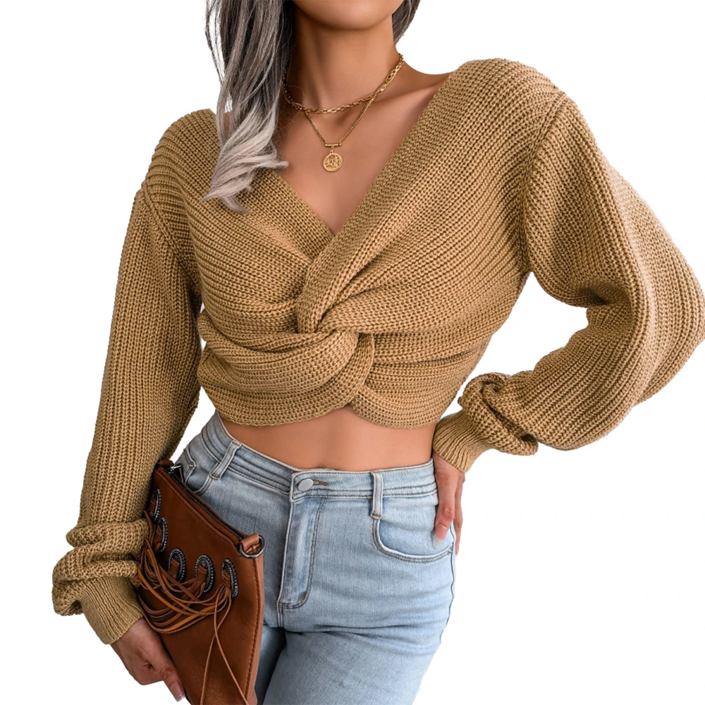 Women V Neck Sweater Long Lantern Sleeve Front Knotted Backless Lady Knit Pullover Top for Autumn Winter Khaki M