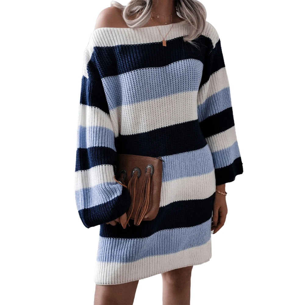 Sweater Dress Off Shoulder Stripe Color Blocking Slouchy Long Sleeves Loose Casual Knit Dress for Fall Winter Dark Blue XL