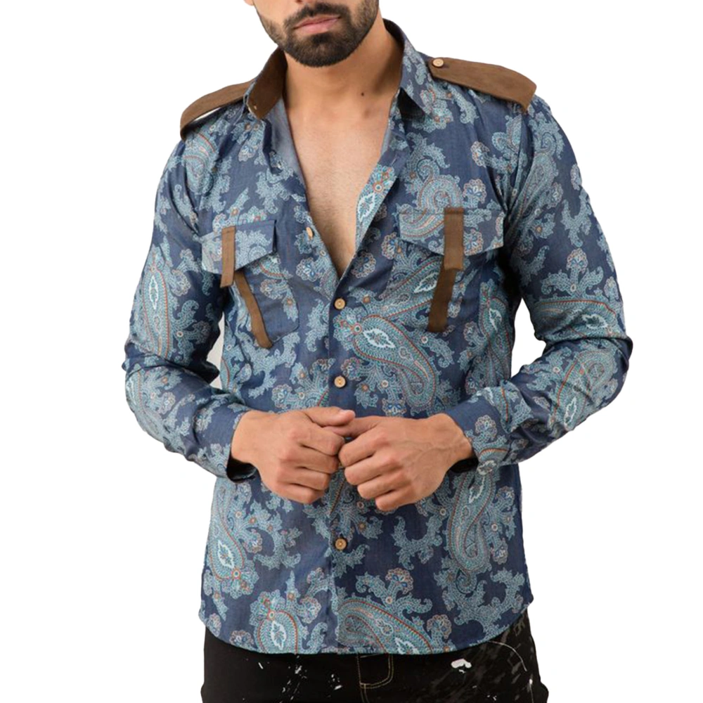 Printed Mens Shirt Turn Down Collar Long Sleeve Single Breasted Male Shirt with Pockets Regular Fit Floral Print 3XL