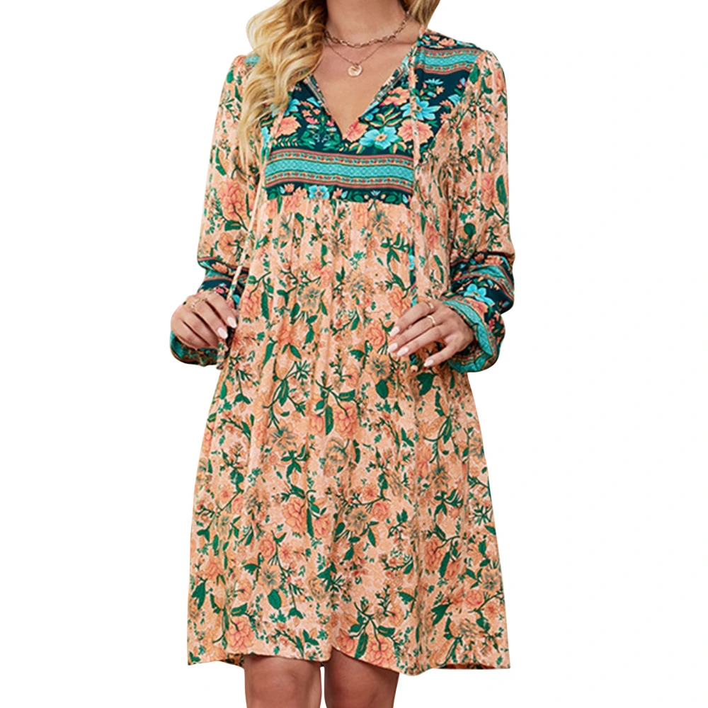 V Neck Dress Rayon Soft Long Lantern Sleeve Floral Print Casual Loose Dress for Women Apricot L