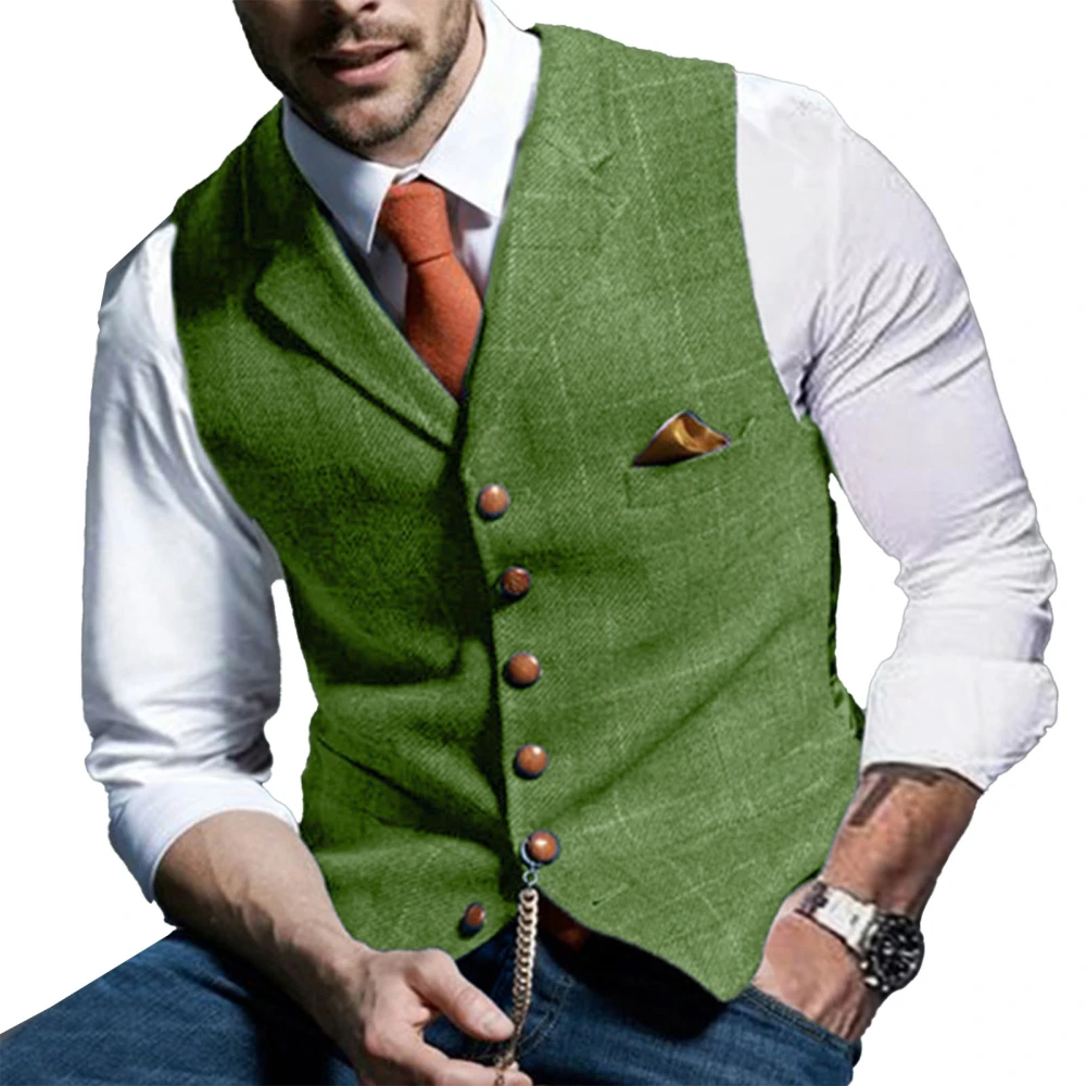 Vest Single Breasted V Neck Plaid Pattern Slim Fashionable Casual Waistcoat for Men Light Green S