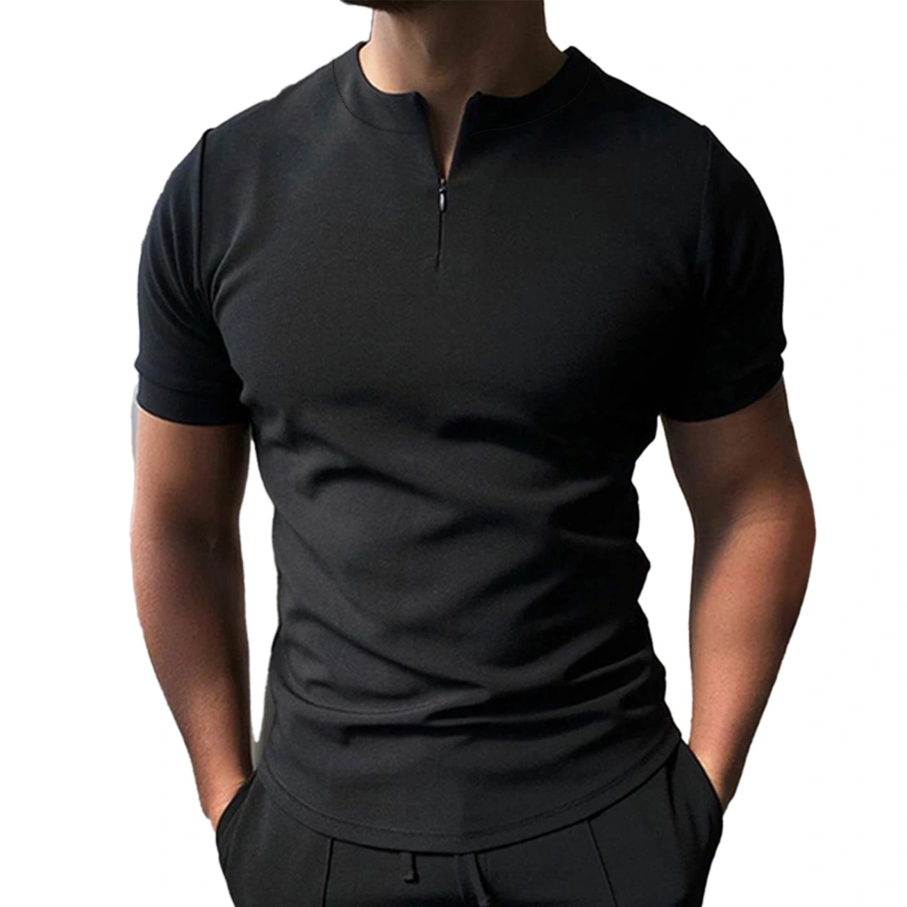 Men T Shirt Pure Colour Short Sleeve Zipper Front Casual Polyester Tops for Summer Home Black S