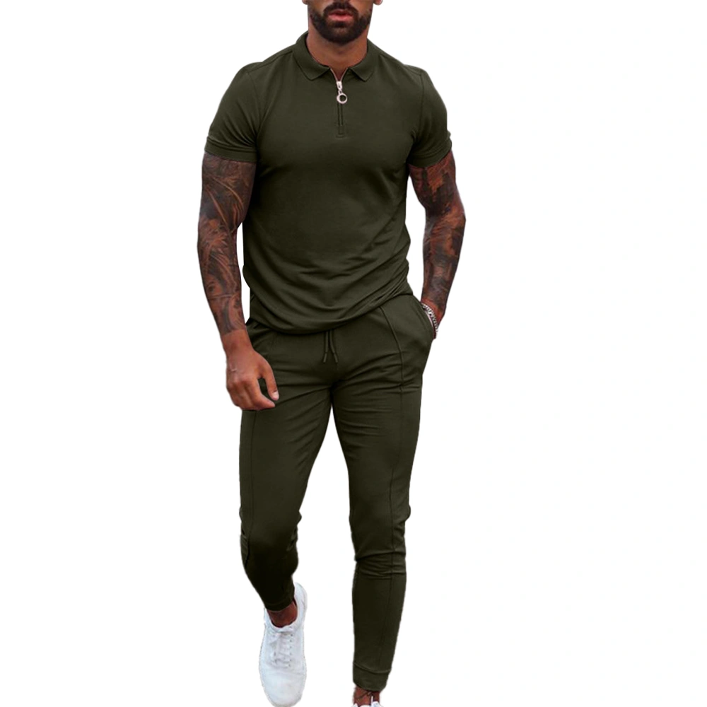 Men Leisure Suit Turn Down Collar Zipper Waistband Pure Color Short Sleeves Long Pants Sweat Suit Tracksuit Green M