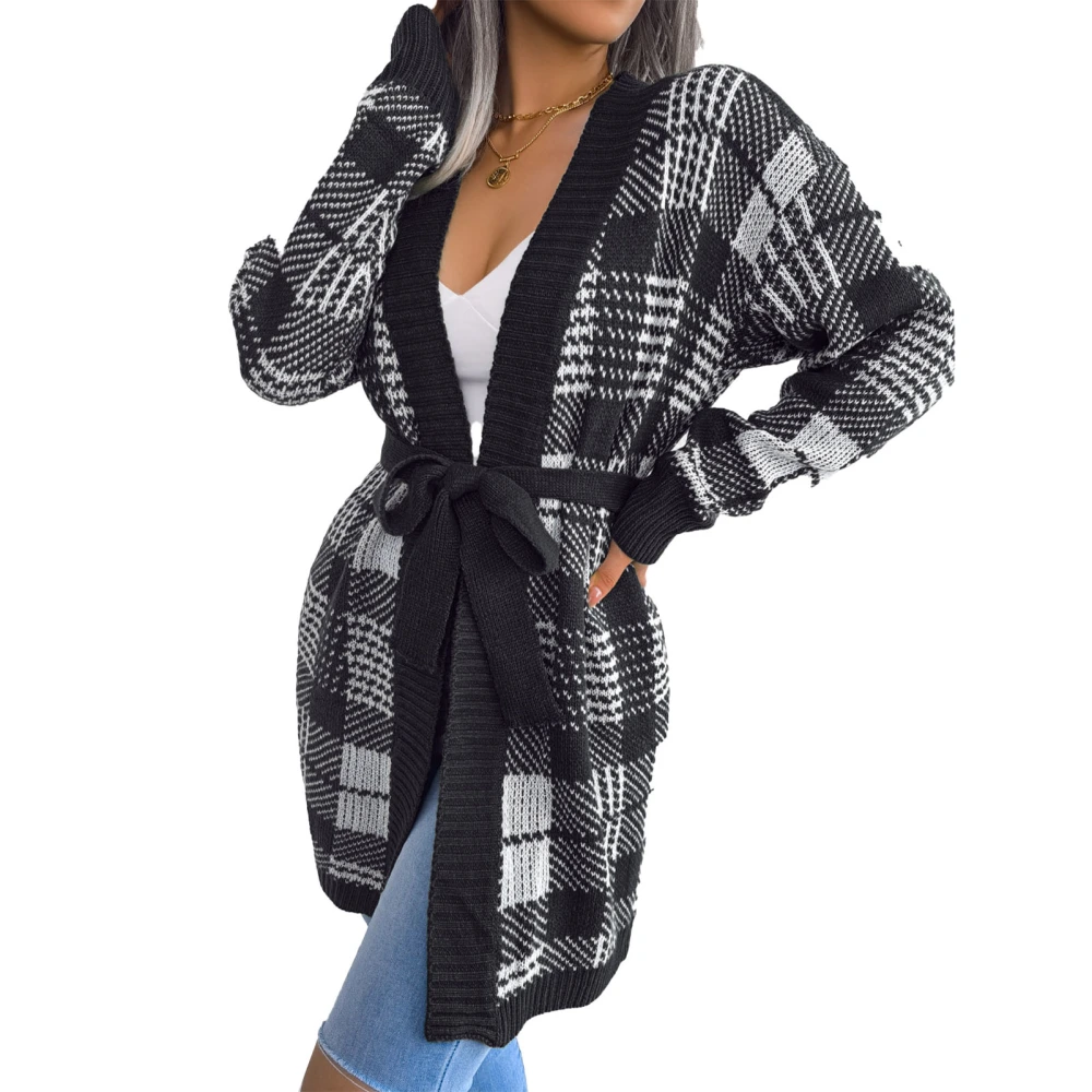 Women Plaid Casual Cardigan Long Lantern Sleeve Knitted Cardigans Sweaters Coats Open Front Sweater Jacket for Daily Life Black S