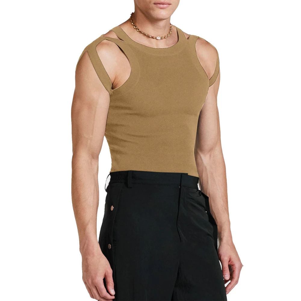 Men Elastic Tank Top Double Shoulder Strap Hollow Stretch Slim Vest Male Solid Color Sport T Shirt Brown S