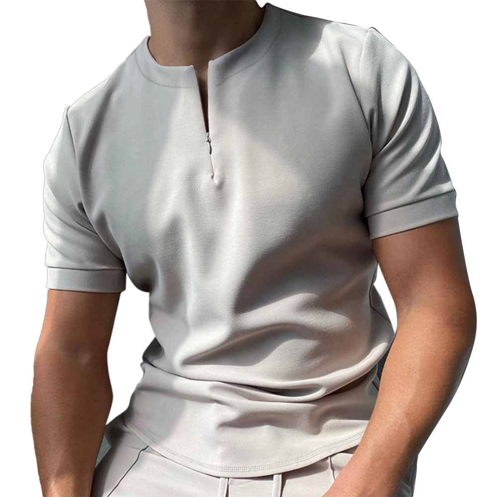 Men T Shirt Pure Colour Short Sleeve Zipper Front Casual Polyester Tops for Summer Home As Shown M