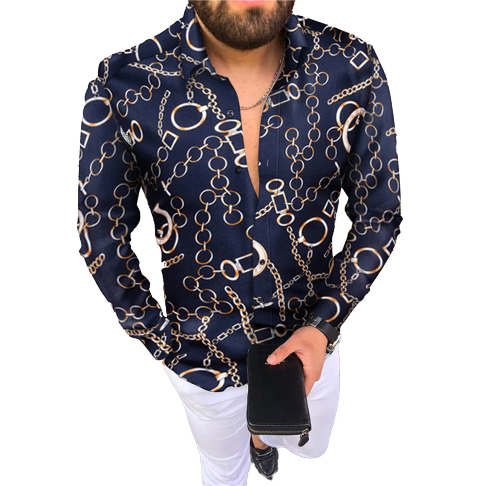 Men Top Turn Down Collar Single Breasted Printed Long Sleeve Fashionable Slim Fit Top Blue Chain M