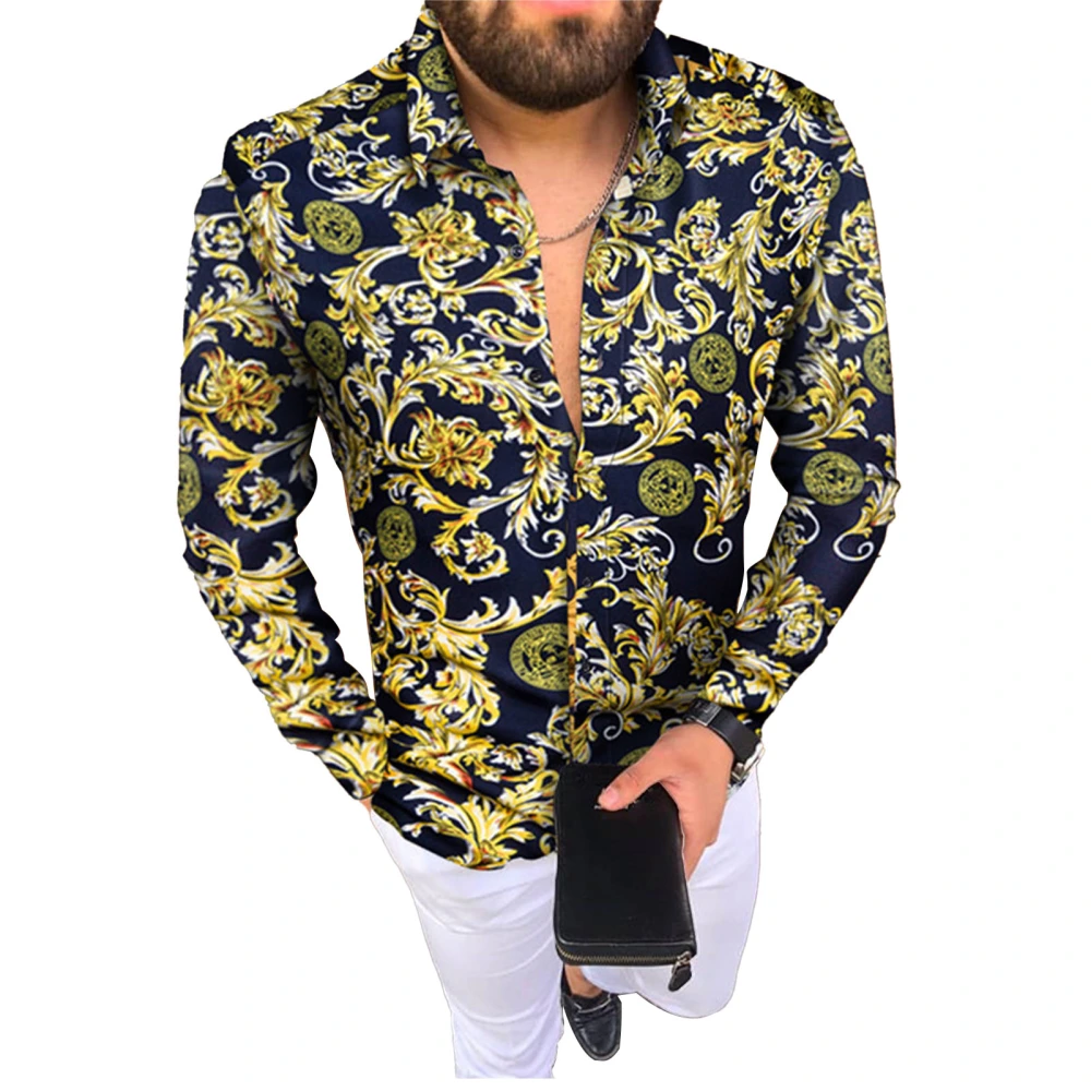 Men Top Turn Down Collar Single Breasted Printed Long Sleeve Fashionable Slim Fit Top Blue Yellow XXL