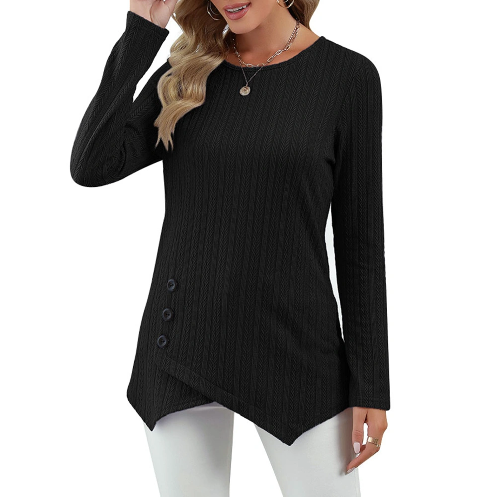 T Shirt Long Sleeve Round Neck Button Irregular Hem Comfortable Casual Tops for Women Black M