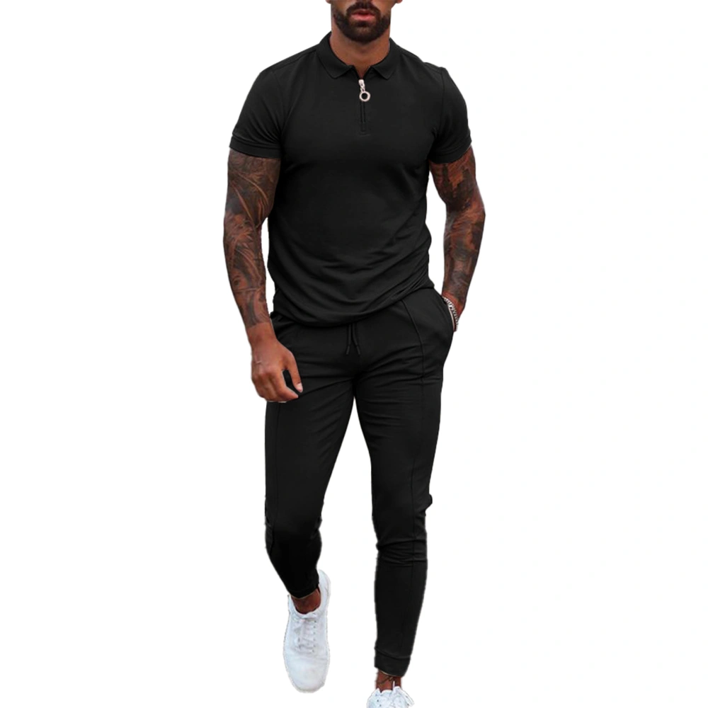 Men Leisure Suit Turn Down Collar Zipper Waistband Pure Color Short Sleeves Long Pants Sweat Suit Tracksuit Black XXL