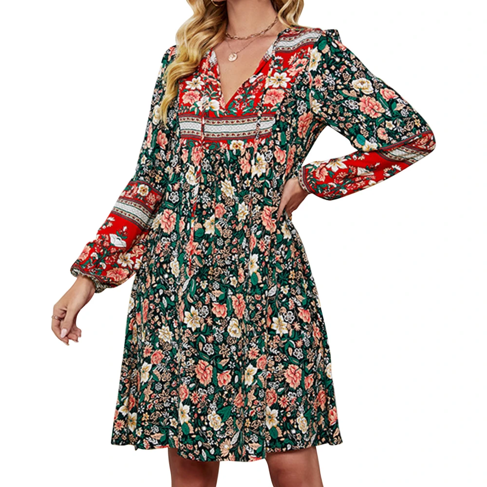 V Neck Dress Rayon Soft Long Lantern Sleeve Floral Print Casual Loose Dress for Women Black L