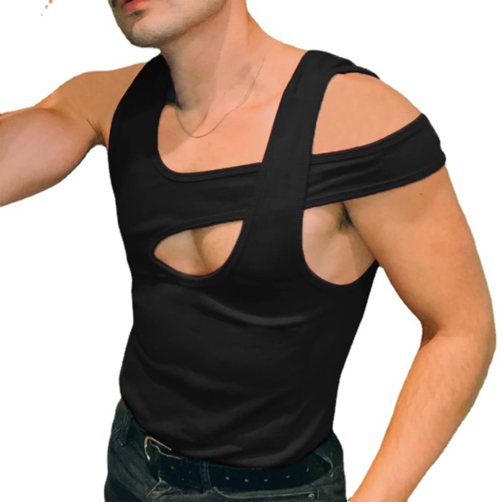 Hollow Out Men T Shirt Sleeveless Irregular Vest T Shirt Comfortable Casual Top for Men Black M