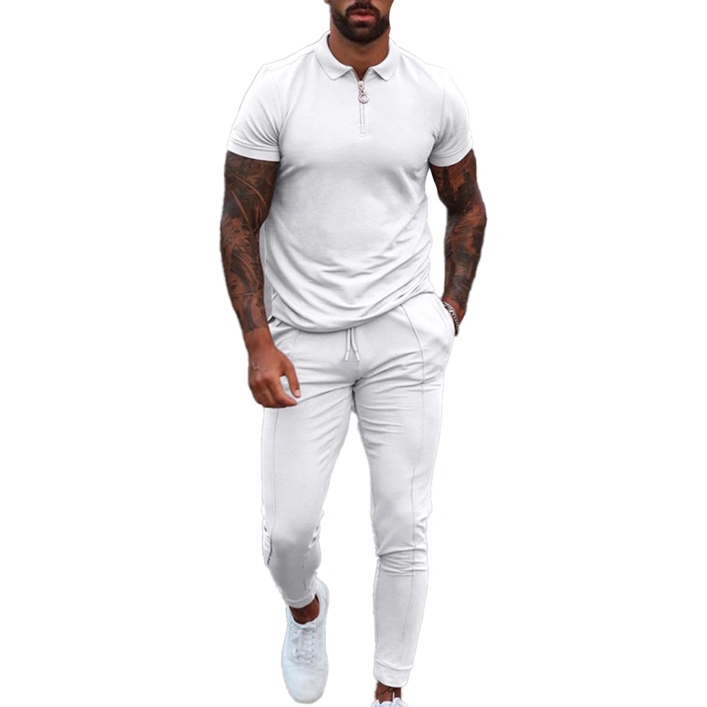 Men Leisure Suit Turn Down Collar Zipper Waistband Pure Color Short Sleeves Long Pants Sweat Suit Tracksuit White XL