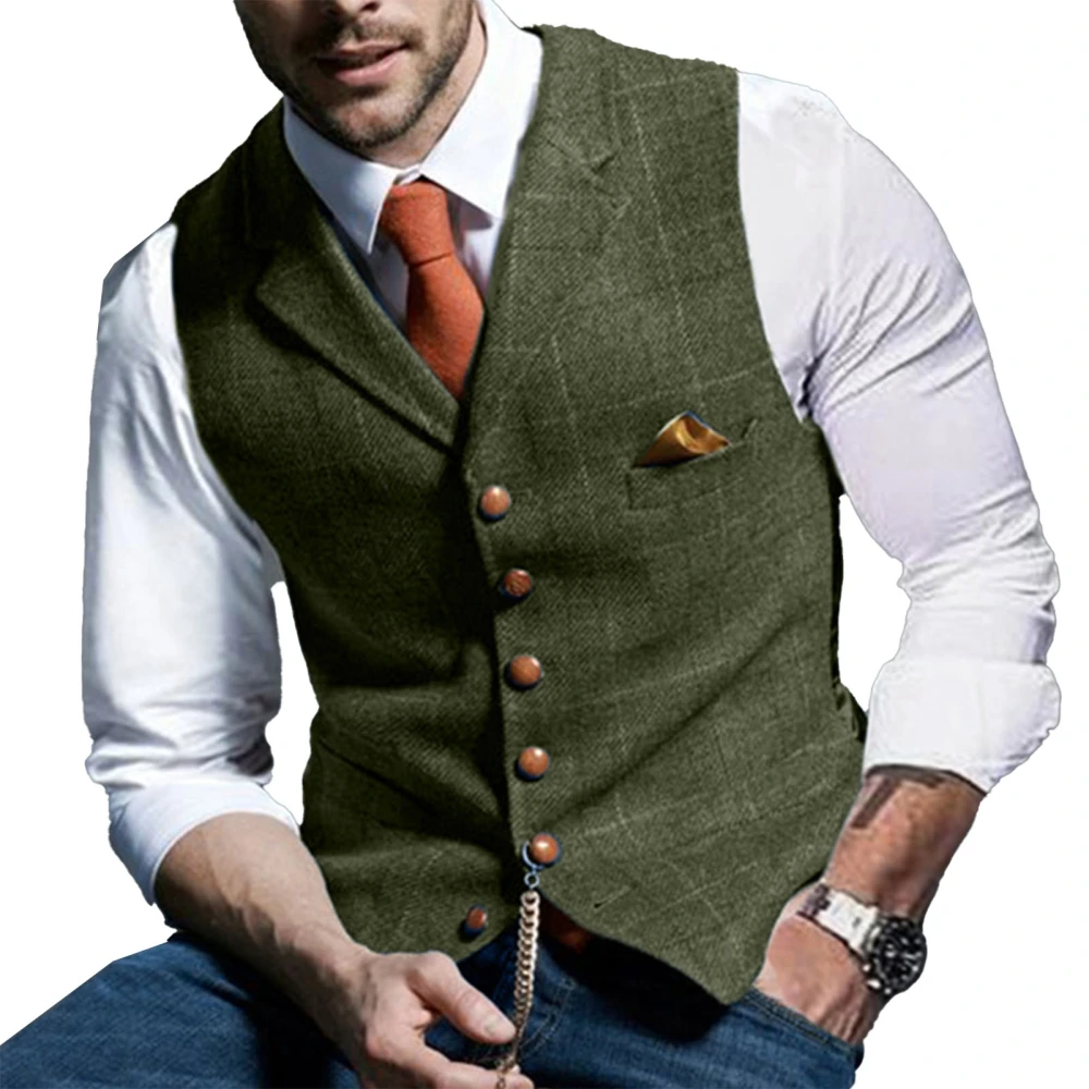 Vest Single Breasted V Neck Plaid Pattern Slim Fashionable Casual Waistcoat for Men Army Green 3XL