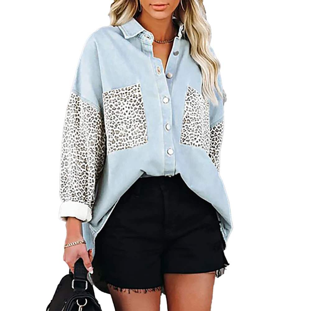 Autumn Top Polyester Soft Long Sleeve Leopard Print Pockets Lapel Loose Button Up Top for Women Sky Blue L