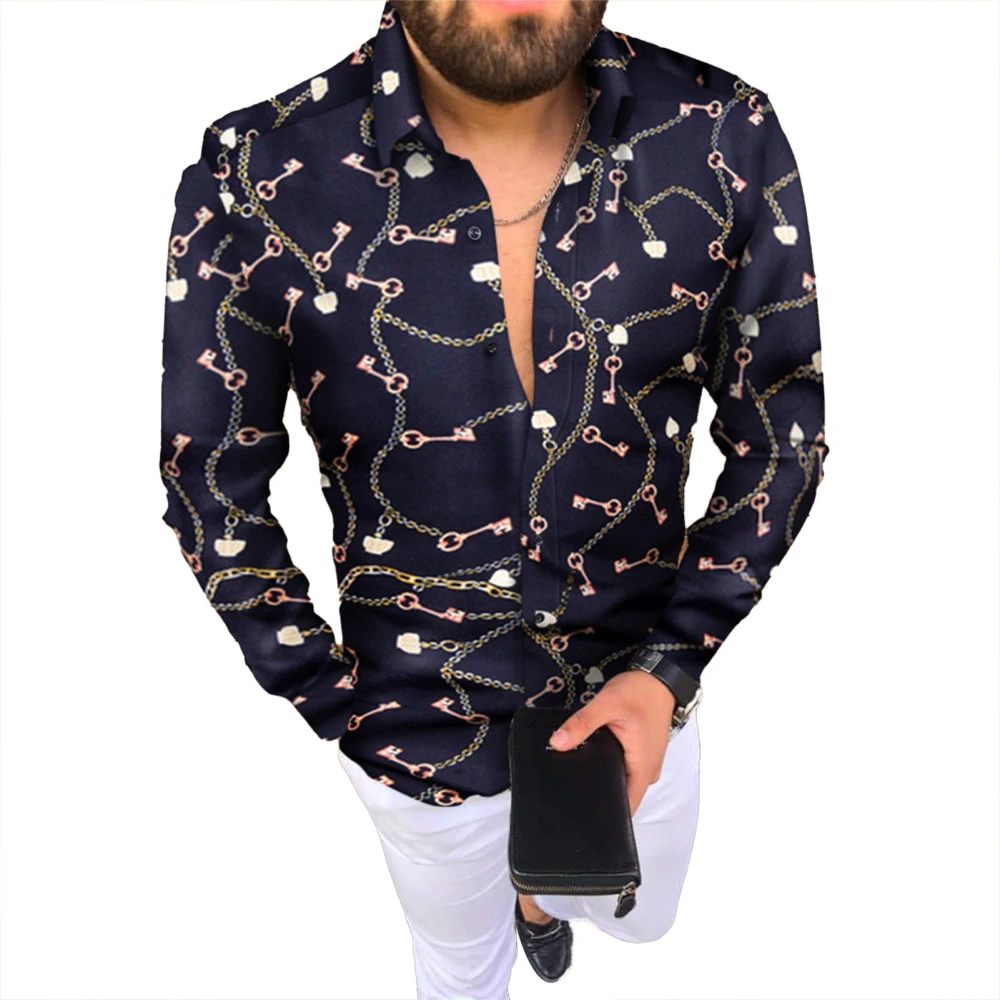 Men Top Turn Down Collar Single Breasted Printed Long Sleeve Fashionable Slim Fit Top Blue Key XL