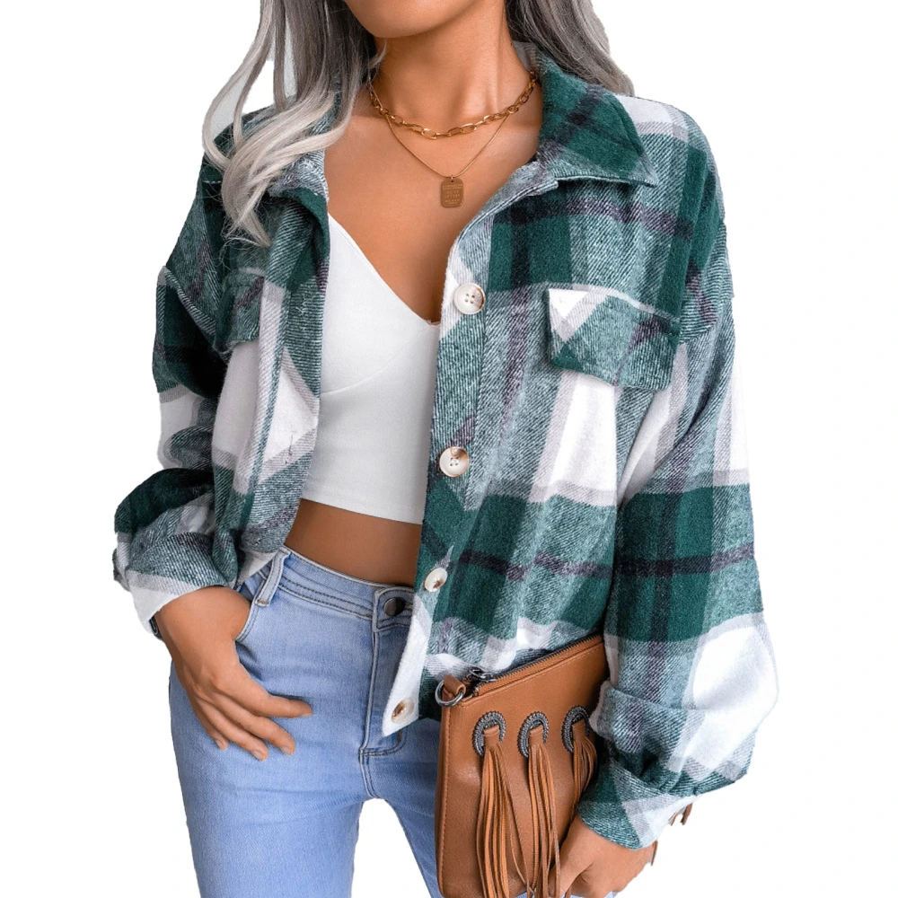 Short Jacket Coat Puff Long Sleeve Plaid Lapel Single Breasted Fashionable Coat for Women Green M