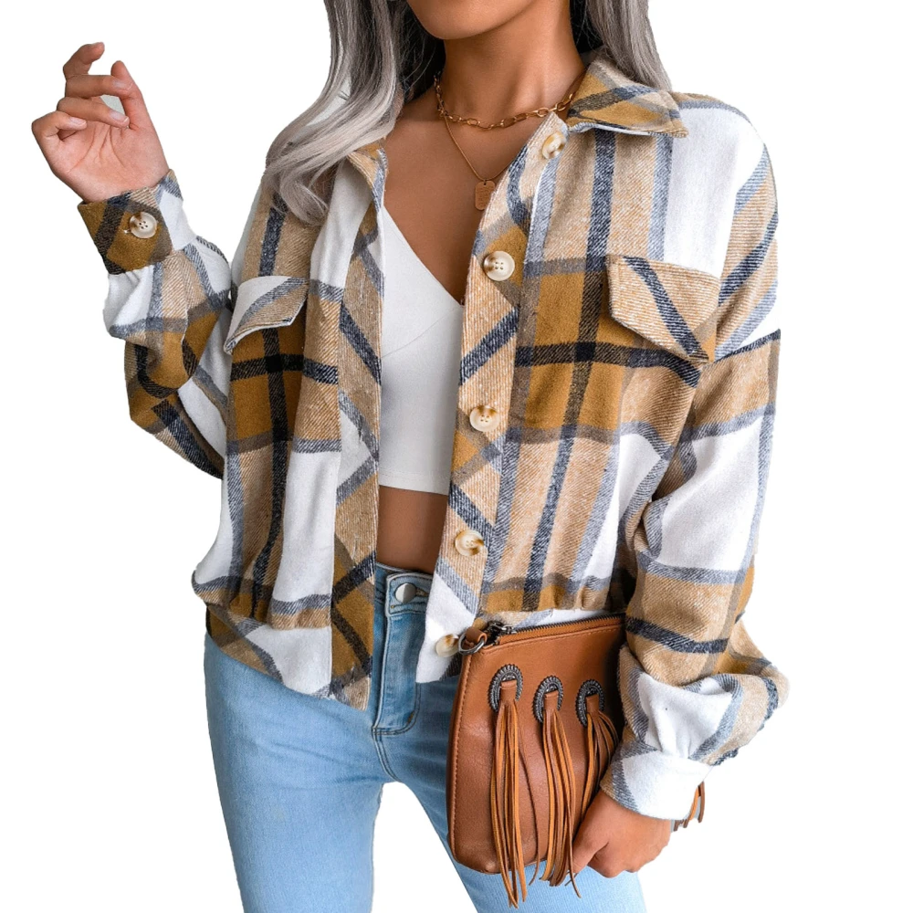 Short Jacket Coat Puff Long Sleeve Plaid Lapel Single Breasted Fashionable Coat for Women Khaki M