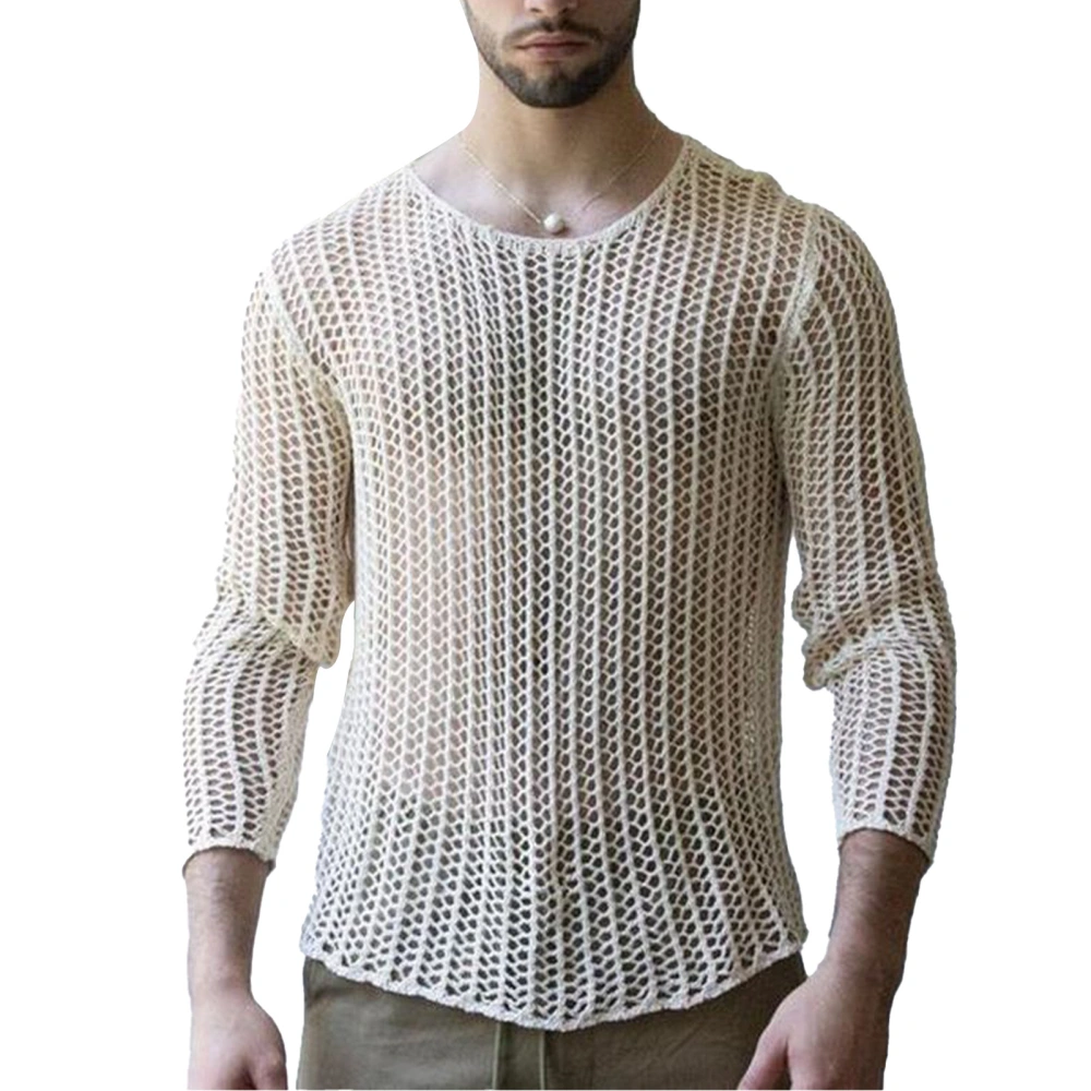 Men Hollow See Through Top Lightweight Grid Pure Color Breathable Long Sleeve Knit Undershirt for Male White M